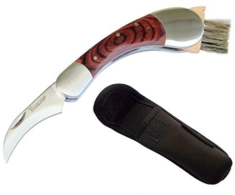 HANZIUP Folding Mushroom Knife with Neoprene Pouch Solid Wood Handle and Foldable Cleaning Brush