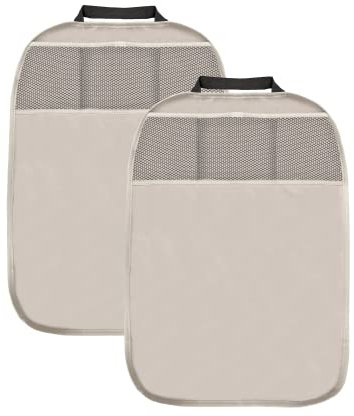 L & P Car Design L&P A081B2 2 Stück Rückenlehnenschoner Rückenlehnenschutz Sitzschoner Rückenlehne Auto Kinder Lehnenschutz Sitz Kunstleder Beige 3 Taschen Organizer Schutz für Autositz Sitzlehne