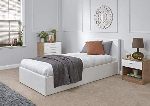 GFW Classic Leather Upholstered Ottoman Storage Bed With Gas End Lift & Under Bed Storage, Single, Faux Leather, White