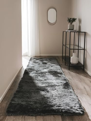 benuta Hochflorteppich Whisper Anthrazit 80 x 300 cm - Kuschelig Weicher Teppich für Schlaf- und Wohnzimmer - Pflegeleicht - Fußbodenheizung Geeignet