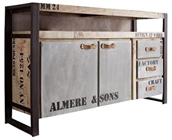 MASSIVMOEBEL24.DE | Factory Sideboard aus Massivholz #143 | aus Mango-Holz - Natur, Bedruckt | 3 Schubladen - 2 Türen | 145x40x85 cm | Kommode Tv-Sideboard Wohnzimmer-Schrank