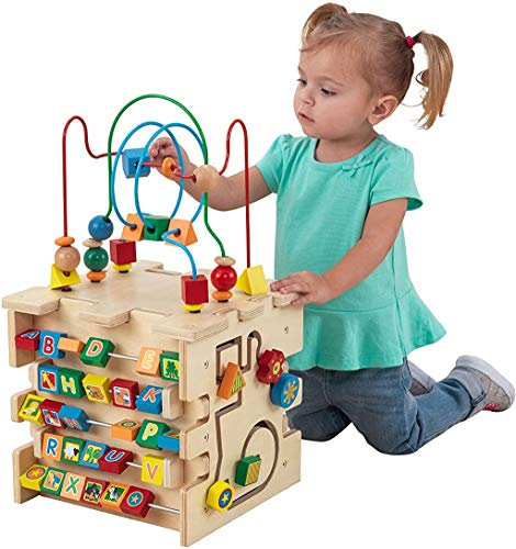 KidKraft Deluxe Motorikwürfel aus Holz, Motorikspielzeug ab 1.5 Jahre, Activity Center Baby Spielzeug, Holzmotorikschleife, Lernspiele ab 1.5 Jahre, 63298