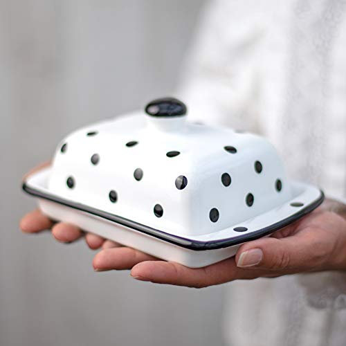 City to Cottage Butterdose, Keramik Weiß und Schwarz, Polka Dots, Handgemacht 250 Gramm Keramik Butterdose mit Deckel