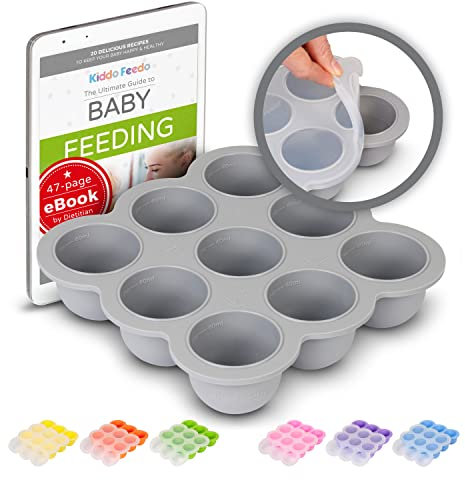 Kiddo Feedo - Die multifunktionale Eiswürfelform mit Silikondeckel zum portionsweisen Einfrieren von Babynahrung, Kräutern, Saucen, Eiswürfeln usw. - Gratis eBook - Grau