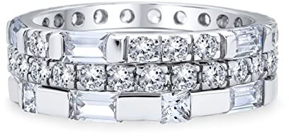 Bling Jewelry Geometrische Kubikzirkonia AAA CZ Rund Baguette Stapelbarer Ewigkeit 3 Hochzeitsband Ring Set für Frauen .925 Sterlingsilber