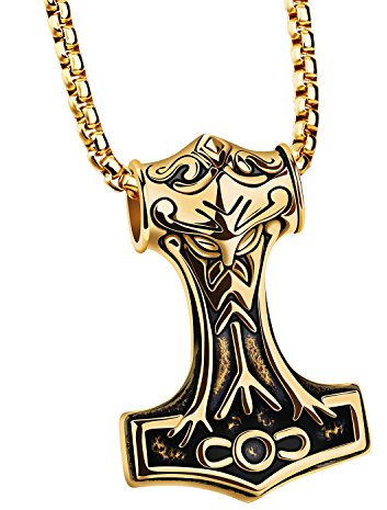 PAURO Mens Stainless Steel Thors Mjolnir Hammer Pendant Necklace Viking Gold with Chain