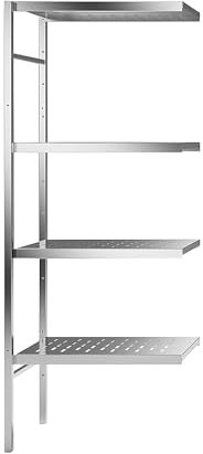 kaiserkraft | Edelstahl-Steckregal | 4 gelochte Fachböden | Fachbodenbreite x Tiefe 640 x 440 mm | Eck-Anbauregal