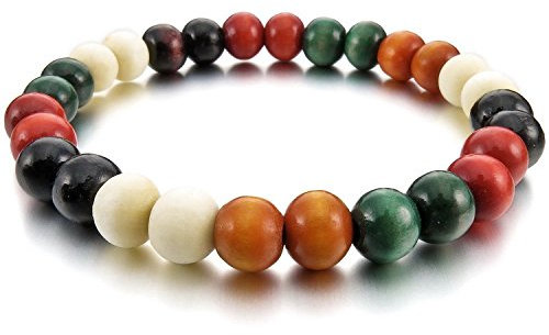 Bracelet Perle Bois Blanc Marron Rouge et Vert 8mm Cordon Élastique Extensible Longueur 17cm cadeau anniversaire saint valentin homme femme bijou garçon fille fête mères mamans pères papas