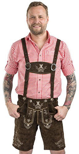 Männer Lederhose kurz - Trachtenlederhose inkl. Hosenträger – Trachtenhose Leder Tracht Alpenjäger (62, Dunkelbraun)