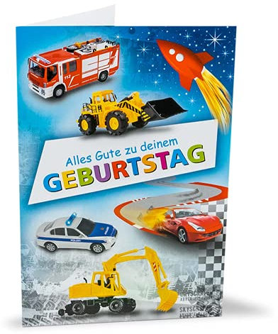 KE - Kindergeburtstags-Karte mit Umschlag, DIN B6 Format, Glückwunsch-Karte für besondere Anlässe - Klapp-Karte für Geburtstagsgrüße - Motiv: Autos