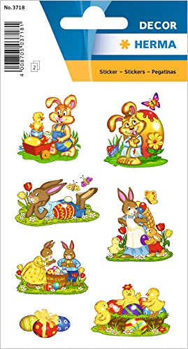 HERMA 3718 Ostern Sticker für Kinder, Hasenparade (14 Aufkleber, Papier, glitzernd) selbstklebend, permanent haftende Motiv Etiketten zur Deko für Mädchen und Jungen, bunt