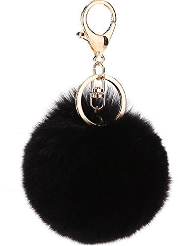 NOVAGO Porte Clé Pompon en Vrai Poil de Lapin, Doux au Toucher Garanti (Noir)