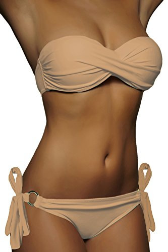 ALZORA Push Up Bandeau Bikini Set Damen Ringe Pushup Badeanzug Auswahl, 10227 (L, Sandfarben/Beige)