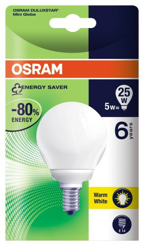 Osram 63117B1 Duluxstar Mini Globe E14 Energiesparlampe in Globeform 5W/827, warmweiß
