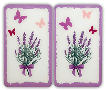 WENKO Herdabdeckplatte Universal Lavendel-Bouquet 2er Set, für Glaskeramik-, Elektro- & Gasherde, hygienisch, Kratz- & schlagfest, Schneidbrett mit rutschfesten, höhenverstellbaren Füßen
