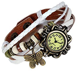 JewelryWe Damen Armbanduhr, Retro Vintage Analog Quarz Uhr mit Schmetterling Beads Kugeln Charm Leder Armkette Armband, Weiss
