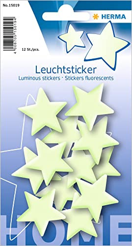 HERMA 15019 Leuchtsterne Kinderzimmer klein mini, 12 Stück, selbstklebend, leuchtende Sterne Aufkleber Wandsticker, Leuchtsticker aus Plastik zur Sternenhimmel Dekoration für Kinder Mädchen Jungen