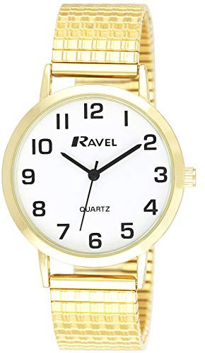 Ravel – Traditionelle Damen-Uhr mit klarem Ziffernblatt auf Expander-Armband – Goldton/Weißes Zifferblatt