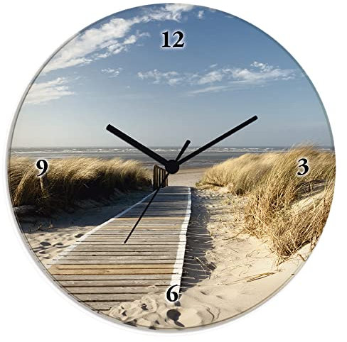 ARTLAND Wanddeko Wanduhr ohne Tickgeräusche Glas Funkuhr Ø 30 cm Rund Lautlos Nordseestrand Langeoog