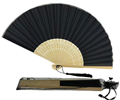 FANSOF.FANS Silk Fabric Fan with a Tassel Grade A Bamboo Ribs Wedding Party Favour Handheld Fan (Black)