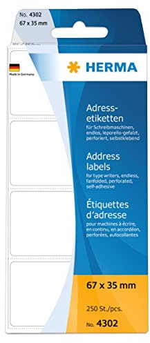 HERMA 4302 Adressetiketten für Schreibmaschinen, endlos, 67 x 35 mm, 250 Stück, selbstklebend, matt, leporello-gefalzt, blanko Papier Adressaufkleber Klebeetiketten Aufkleber, weiß