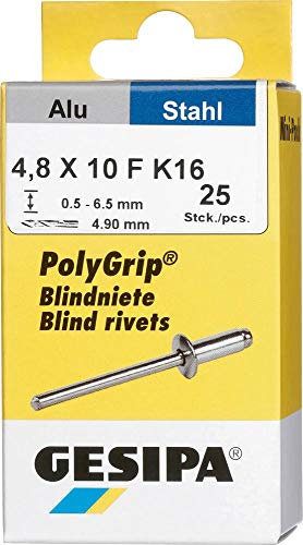 GESIPA Blindniete PolyGrip 25 Stück (Alu/Stahl 4,8x10 K 16, Nietschaft-ø 4,8 mm, Scherkraft 1500 N, Zugkraft 2300 N, Flachrundkopf) 1433852