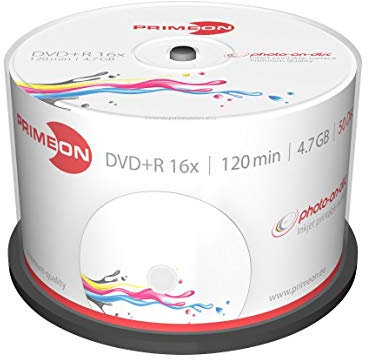 Primeon DVD+R 4.7GB/120Min/16x Cakebox, photo-on-disc, Inkjet Full Size Printable Surface (50 Disc) weiß, 2761226