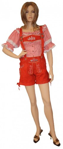 German Wear Kurze Damen Trachtenlederhose damenlederhose Rot Ziegenleder Wildbockleder, Größe:42