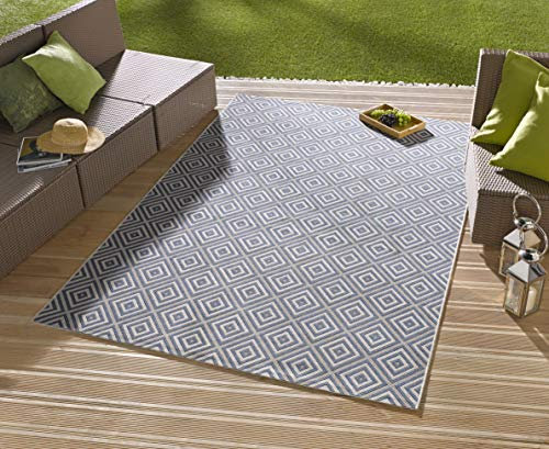 NORTHRUGS In- und Outdoor Teppich Karo 140x200cm - Wetterfest Modern Geometrisches Muster Kariert Allover Design Läufer für Balkon Terrasse Garten Wintergarten Wohnzimmerteppich Wasserfest in Blau
