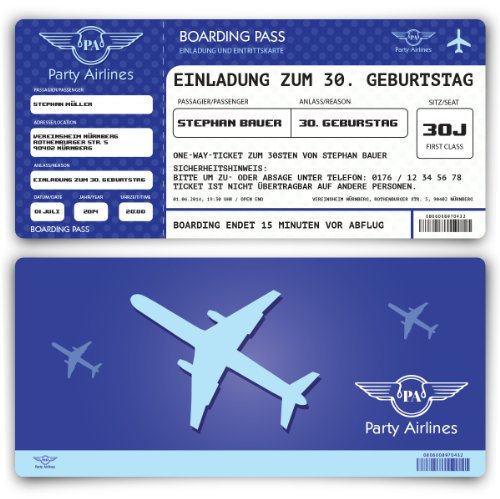 Personalisierte Einladungskarten zum Geburtstag (10-100 Stück) als Flugticket Party Ticket Karte Einladung Blau