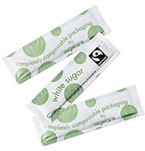 Vegware Fairtade White Sugar Sticks 1000 | Easy-tear paper wrappers simplify portion control and hygiene in fast-paced catering environments.