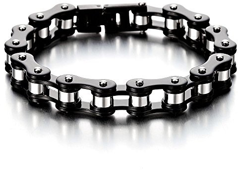 COOLSTEELANDBEYOND Männlich Schwarz Silber Zweifarbig Herren-Armband Fahrradkette Motorradkette aus Edelstahl Hochglanz Poliert