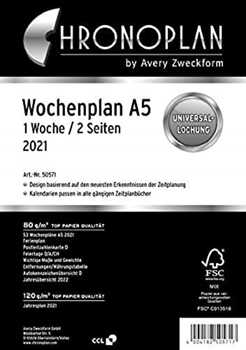 Chronoplan 50571 Kalendereinlage 2021, Wochenplan A5 in Zeilen (148x210mm), Ersatzkalendarium, ideal für detaillierte Wochenplanung, Universallochung (1 Woche auf 2 Seiten), weiß