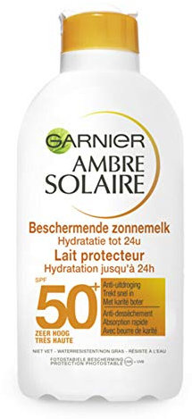 GARNIER Ambre Solaire Hydra 24H - Lait Solaire FPS 50+ - Protège des UVA & UVB - Hydratation 24h - Sans Parfum - Absorption Rapide - Au Beurre De Karité - Tous Types de Peaux - 200 ml