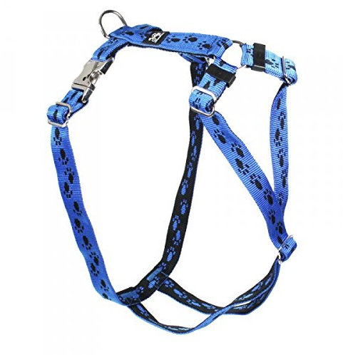 Feltmann Premium Hundegeschirr mit Alu-Max®-Metall-Steckschlössern, Soft-Nylonband blau, Schwarze Pfötchen 70-90 cm, 25 mm