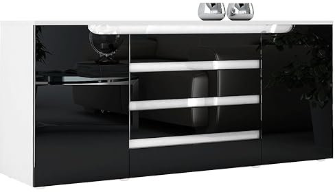Vladon Sideboard Kommode Sylt V2, Made in Germany, Korpus in Weiß matt/Front in Schwarz Hochglanz mit Absetzungen in Weiß Hochglanz (166 x 72 x 35)