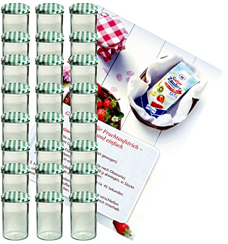 MamboCat 24er Set Sturzglas 435 ml Marmeladenglas Einmachglas Einweckglas To 82 grün karierter Deckel incl. Diamant-Zucker Gelierzauber Rezeptheft