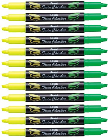 Pentel SLW8-GK Textmarker Twin Checker, zweifarbig, 12 Stück, gelb-hellgrün