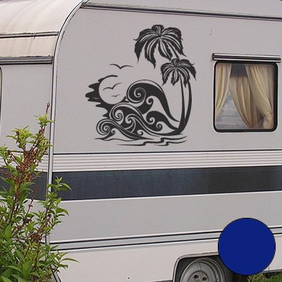 A694 Autoaufkleber Palmenstrand 66cm x 60cm markantblau (erh. in 49 Farben und 4 Größen)