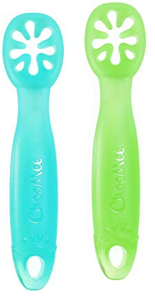 ChooMee FlexiDip Baby Starter Spoon | Platinum Silicone | First Stage Teething Friendly Learning Utensil | 2 CT | Aqua Green