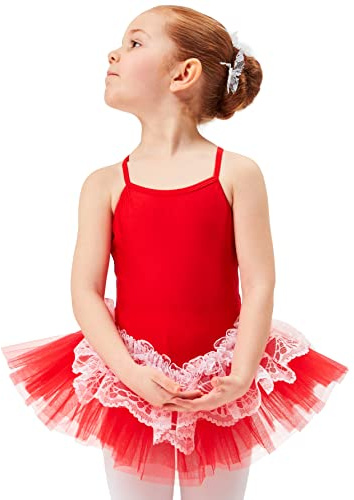 tanzmuster Ballettkleid Tutu Mädchen - Antonia - Gr. 92-170 - 3 Lagen Tüll und Spitze - glänzendes Lycra - Ballett Trikot mit Tüllrock in rot, Größe:92/98