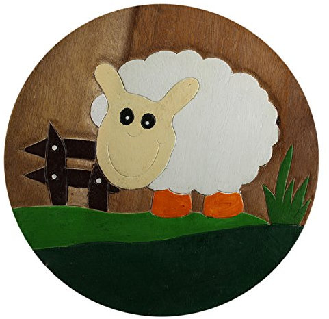 ART-CRAFT KH061 Kinderhocker Holz Schemel mit Motiv Schaf bemalt und beschnitzt extra große Sitzfläche Ø 30cm LxBXH = 30x30x27cm