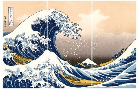 1art1 Katsushika Hokusai Poster Die Große Welle Vor Kanagawa, 3-Teilig Bilder Leinwand-Bild Auf Keilrahmen | XXL-Wandbild Poster Kunstdruck Als Leinwandbild 180x120 cm
