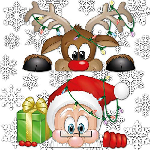 Fensterbilder neugieriger Weihnachtsmann und Rudolph, das Rentier - mit 28 Schneeflocken – fantastische Weihnachtsdekoration
