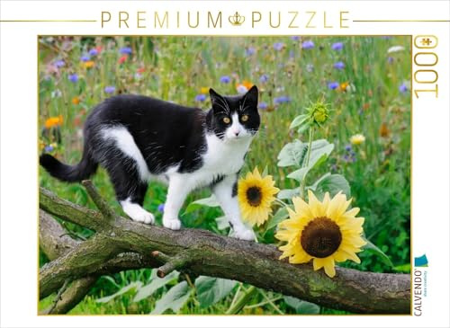 CALVENDO Puzzle Schwarz-weiße Katze mit Sonnenblumen | 1000 Teile Lege-Größe 64 x 48 cm Foto-Puzzle für glückliche Stunden