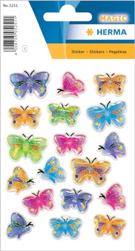 HERMA 5251 Aufkleber Schmetterlinge Bunt klein, 18 Stück, 3D Schmetterling Sticker in blau lila rosa, Butterfly Etiketten für Fotoalbum Tagebuch Poesiealbum Scrapbooking Dekoration Briefe DIY Basteln