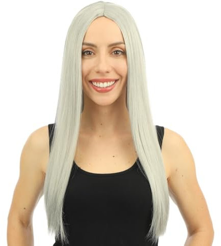 P'TIT CLOWN - 68041 - Lange steife Perücke Frau - Long Wig - Kostümzubehör für Karneval, Mottopartys, Kostümfeste, Kunsthaar - Erwachsene - 60 cm - Grau