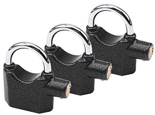 3 Stück Premium OLYMPIA S100 Alarmschloss mit Schlüssel - Korrosionsgeschützt - Sicherheitszylinder - 100 dB Sirene | Alarmgesichertes Vorhängeschloss, Hangschloss | Großes Vorhang-Schloss mit Alarm