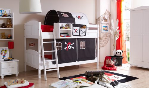Etagenbett Doppelbett Kinderbett Erni Kiefer massiv Weiss teilbar, Vorhangstoff:Pirat Schwarz Weiss