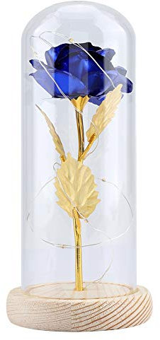 Duokon Luce a LED fiore rosa conservata con coperchio in vetro e base in legno rosa bella e la per Anniversario di compleanno di Natale con di nozze(Blu)